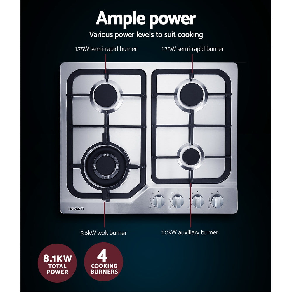 Devanti 60cm 4 Burner Gas Cooktop Stainless Steel Silver