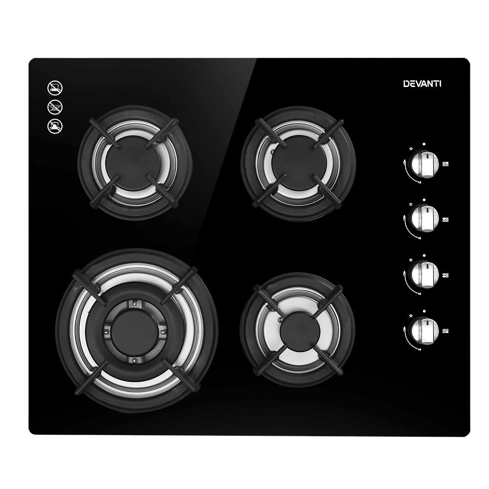 Devanti 60cm Gas Cooktop Black Tempered Glass 4 Burners