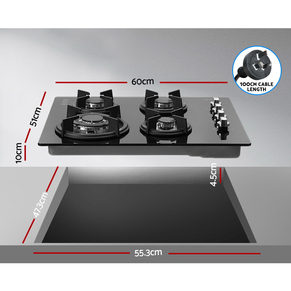 Devanti 60cm Gas Cooktop Black Tempered Glass 4 Burners