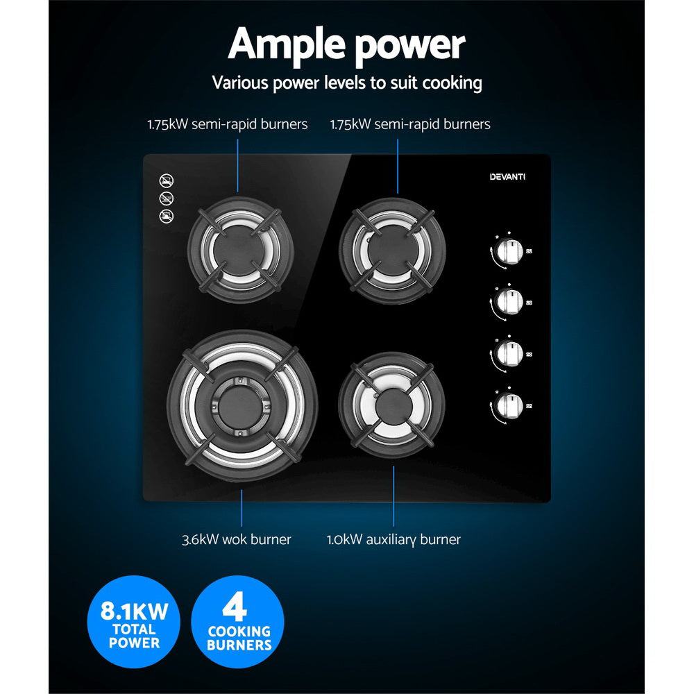 Devanti 60cm Gas Cooktop Black Tempered Glass 4 Burners