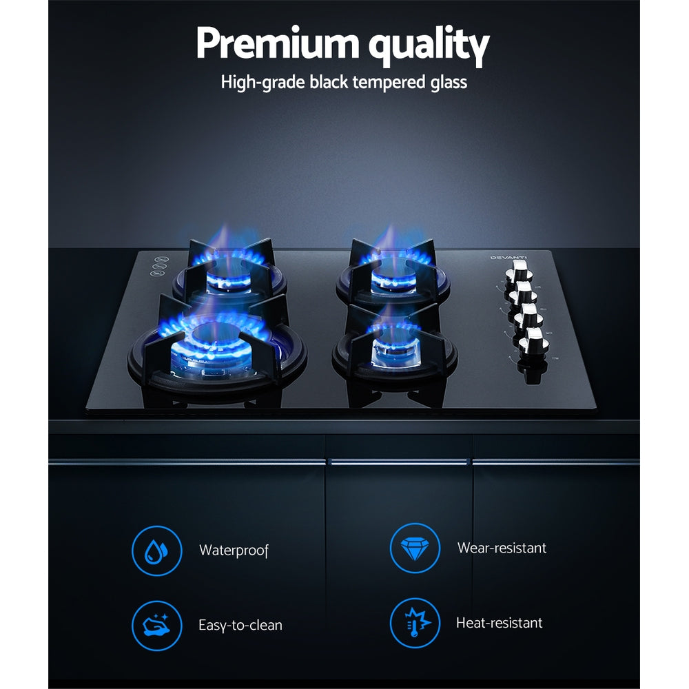 Devanti 60cm Gas Cooktop Black Tempered Glass 4 Burners