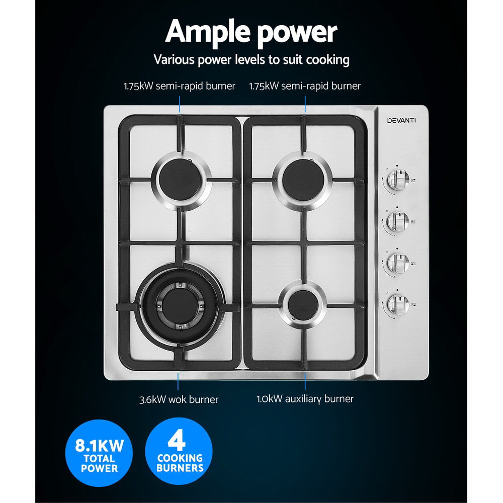 Devanti 60cm Gas Cooktop Stainless Steel 4-Burner Silver