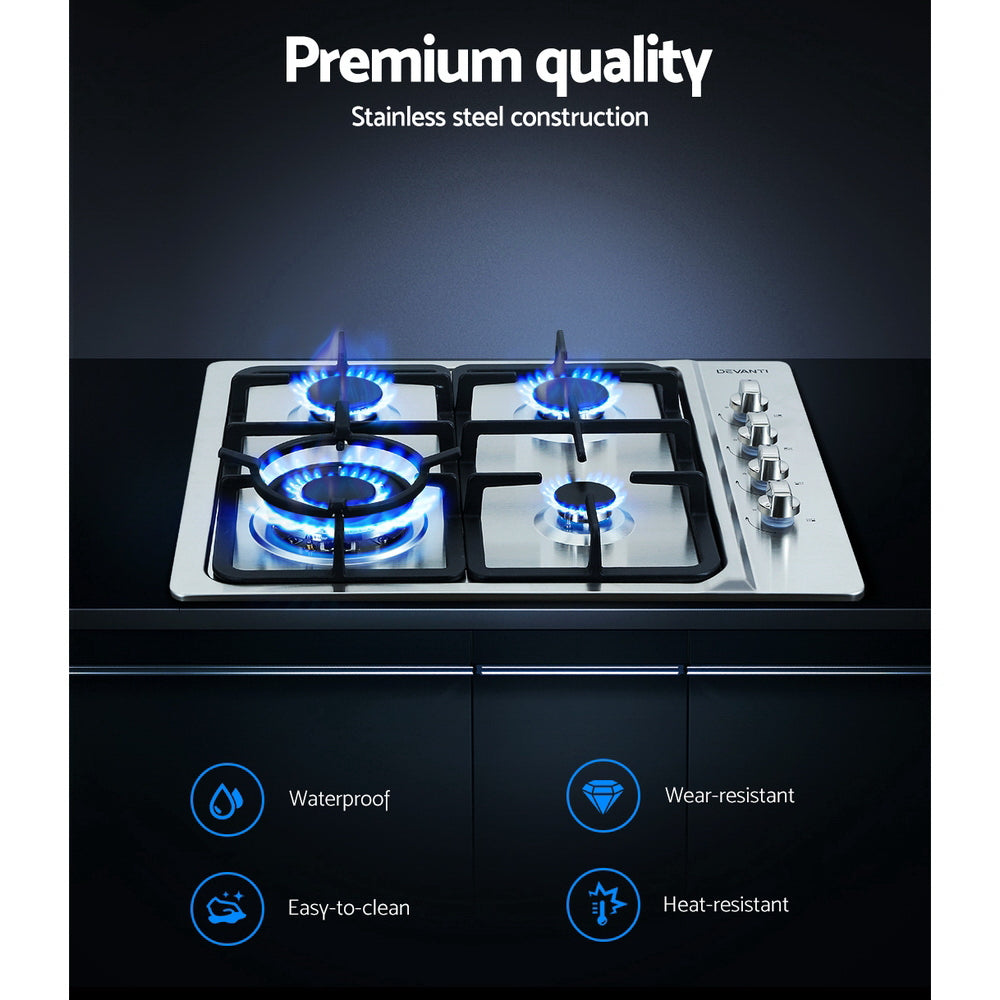 Devanti 60cm Gas Cooktop Stainless Steel 4-Burner Silver