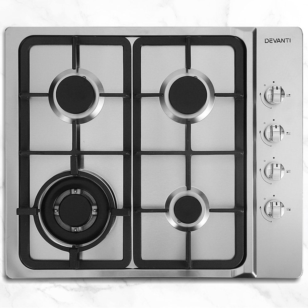 Devanti 60cm Gas Cooktop 4 Burner Stove Hob Silver