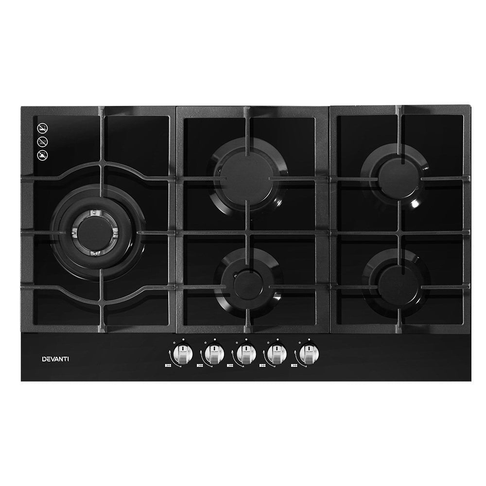 Devanti 90cm 5-Burner Gas Cooktop Black Tempered Glass
