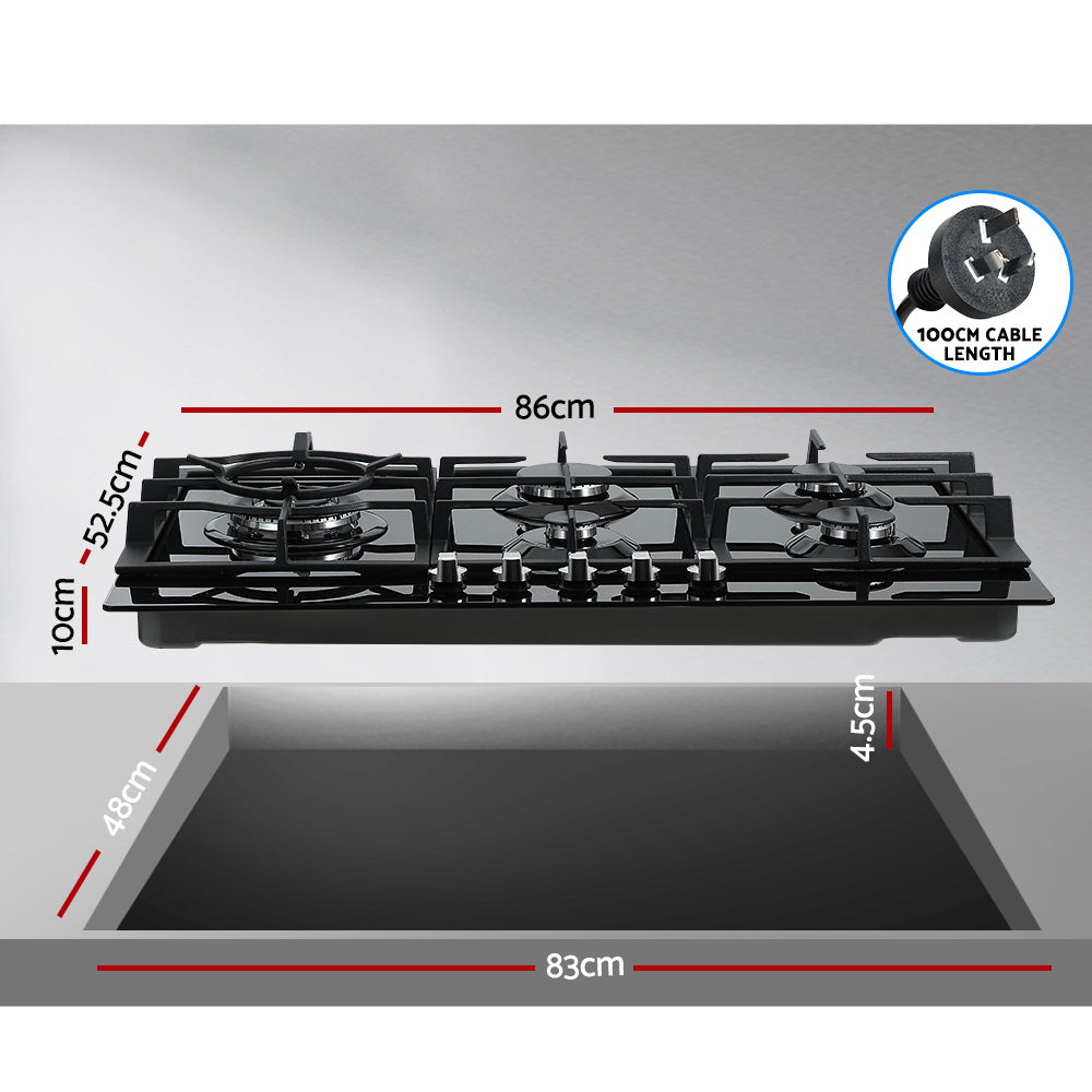 Devanti 90cm 5-Burner Gas Cooktop Black Tempered Glass