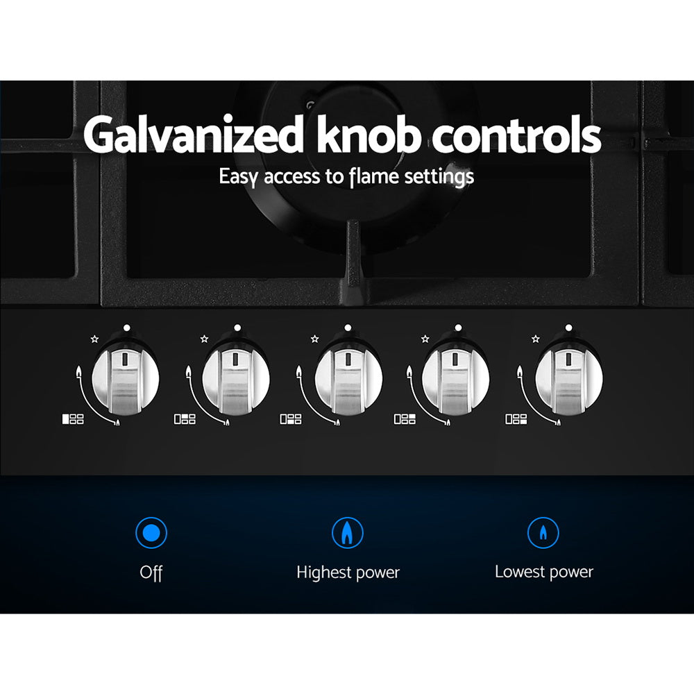 Devanti 90cm 5-Burner Gas Cooktop Black Tempered Glass