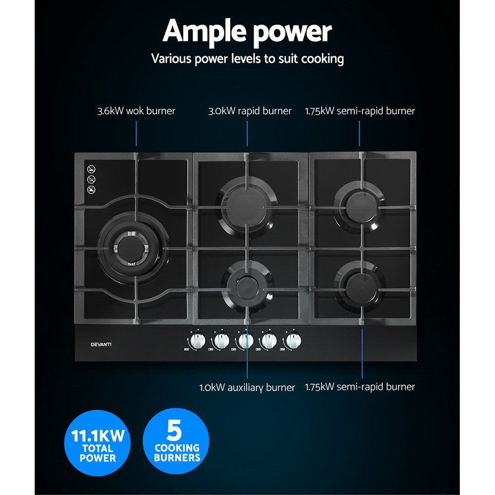 Devanti 90cm 5-Burner Gas Cooktop Black Tempered Glass