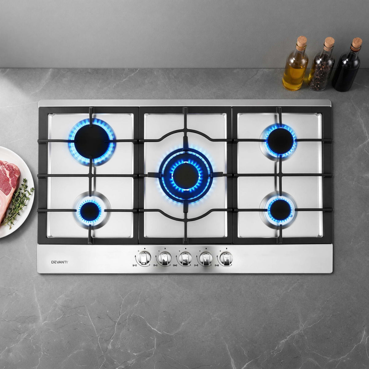 Devanti 90cm 5 Burner Gas Cooktop LPG/NG Silver