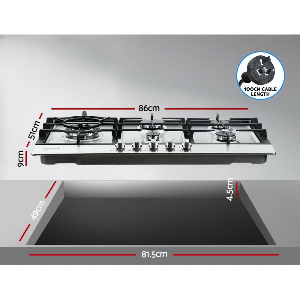 Devanti 90cm 5-Burner Gas Cooktop Stainless Steel Silver