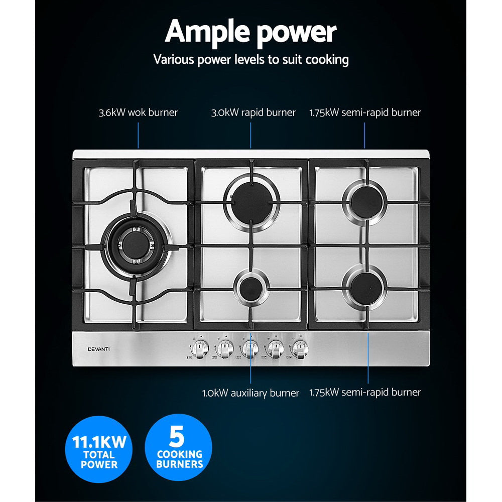 Devanti 90cm 5-Burner Gas Cooktop Stainless Steel Silver