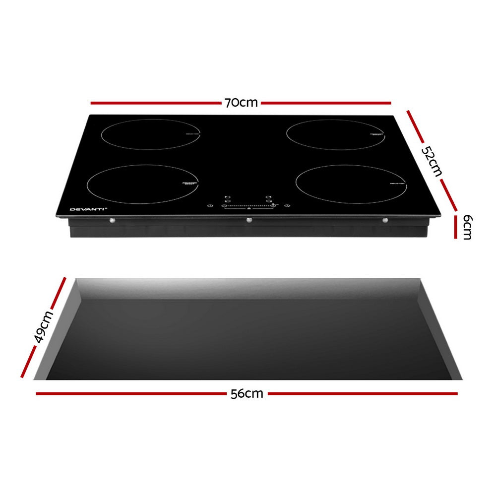 Devanti 70cm Induction Cooktop 4 Zone Ceramic Black 7000W