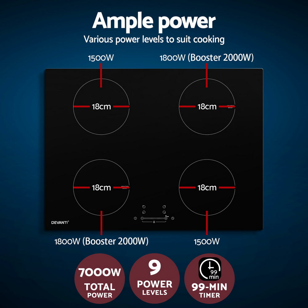 Devanti 70cm Induction Cooktop 4 Zone Ceramic Black 7000W