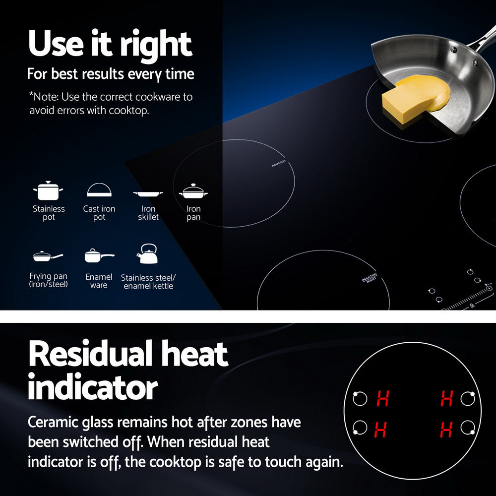 Devanti 70cm Induction Cooktop 4 Zone Ceramic Black 7000W