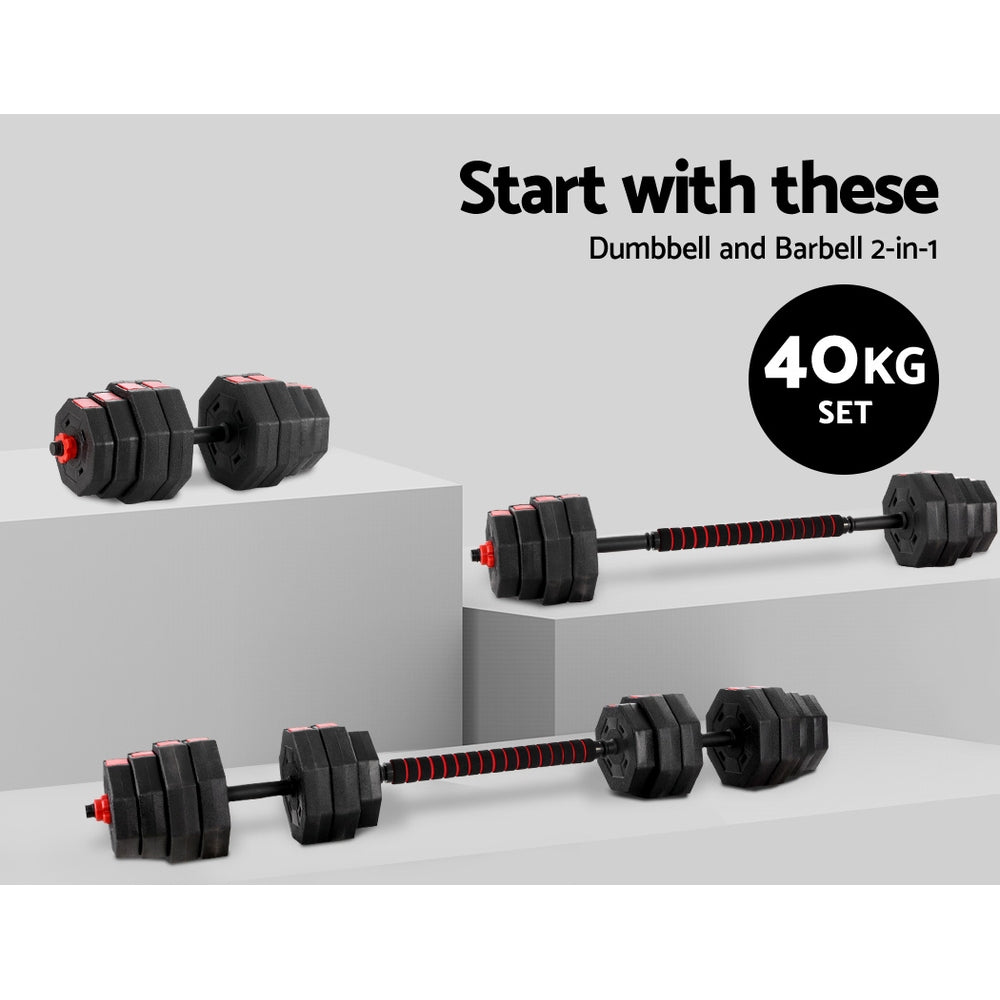 Everfit 40kg Adjustable Dumbbells Barbell Set Black/Red
