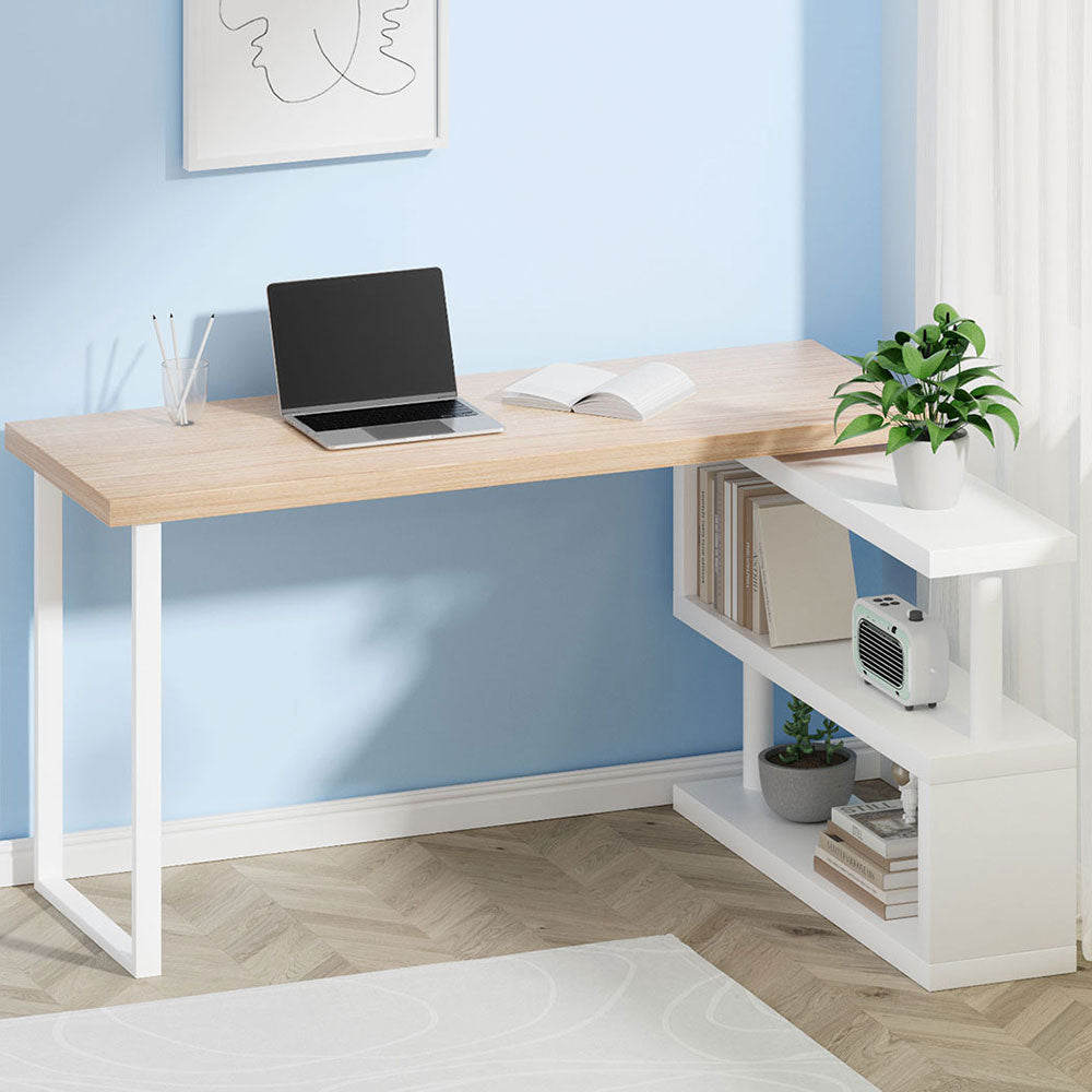 Artiss 140CM Computer Desk with Rotatable Bookshelf Oak White