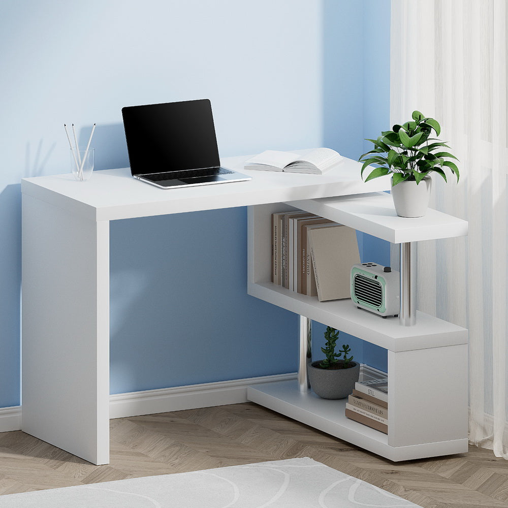 Artiss L-Shape Computer Desk with Rotary Bookshelf White