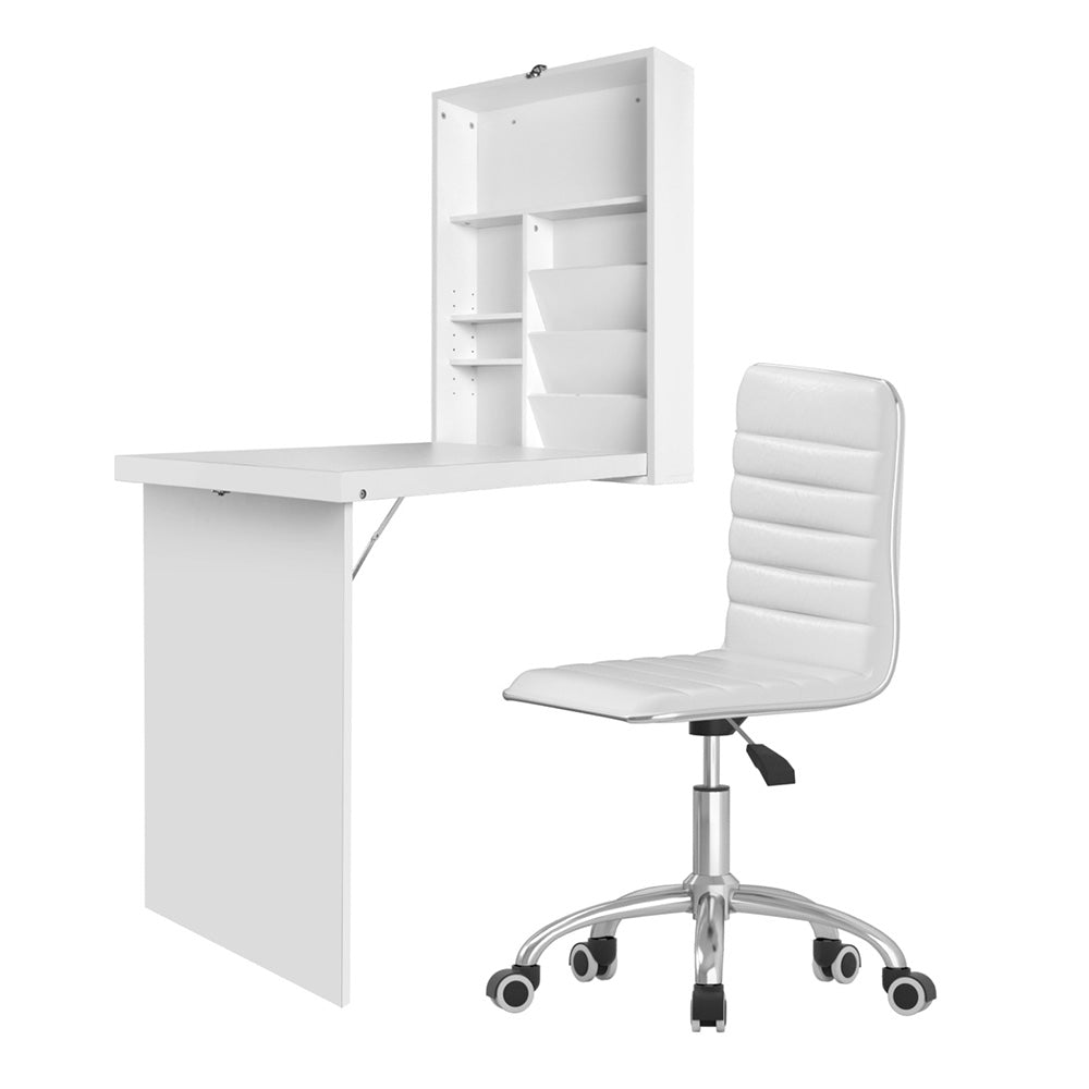 Artiss White Foldable Computer Desk & PU Leather Office Chair Set