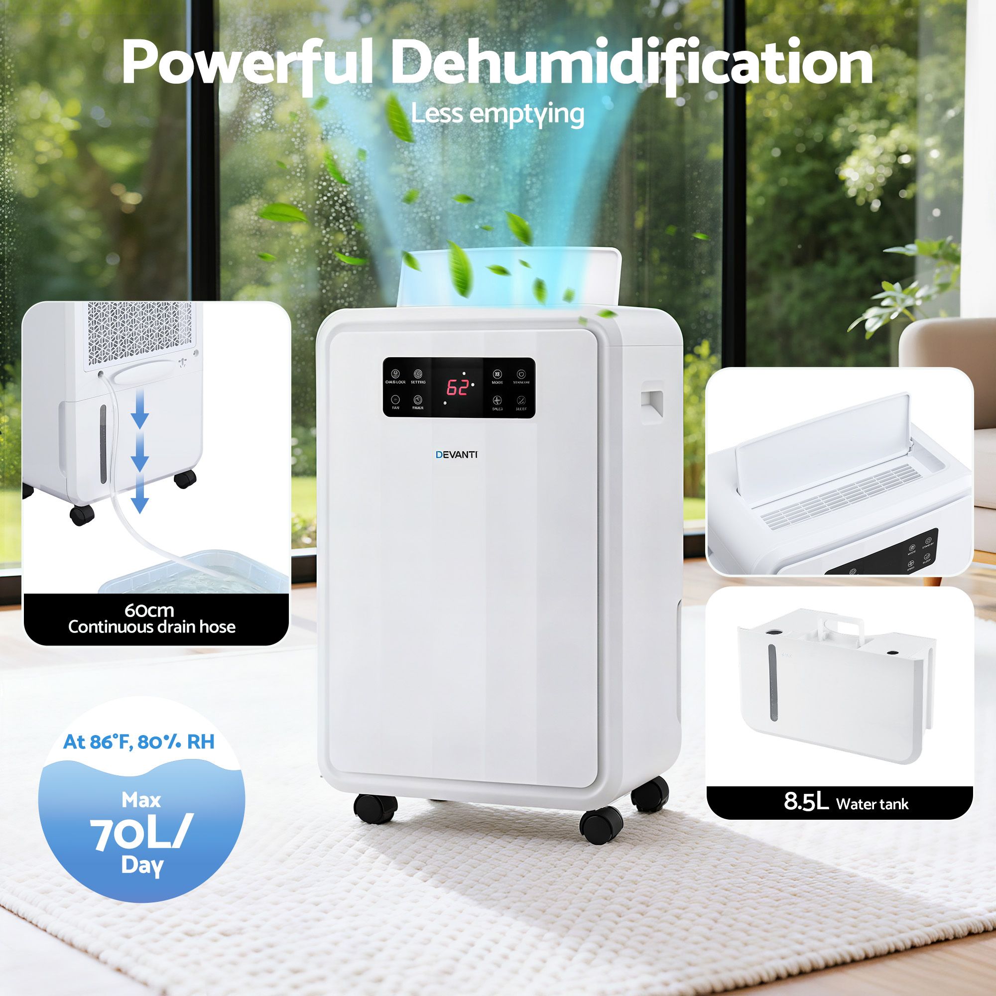 Devanti 70L Dehumidifier Commercial Moisture Absorber Air Dryer 8.5L Water Tank
