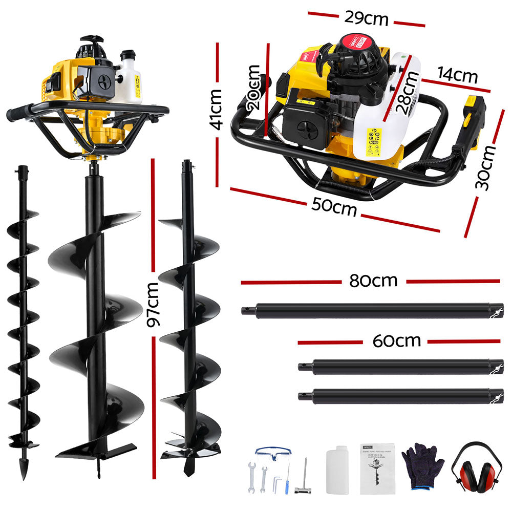 Giantz 82CC Petrol Post Hole Digger Drill Kit Auger Bits