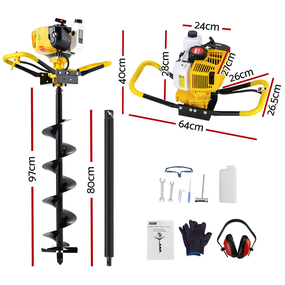 Giantz 74CC Petrol Post Hole Digger 200mm Drill Auger Extension