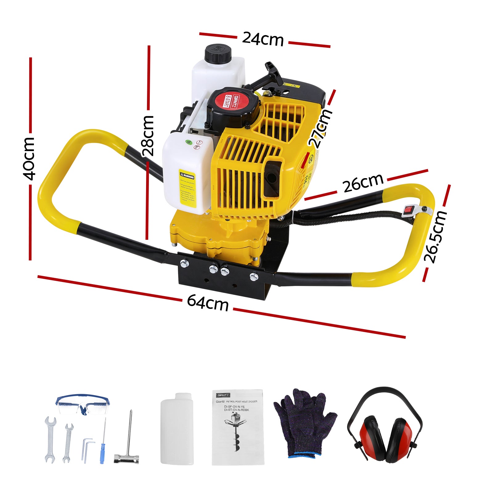 Giantz 74CC Petrol Post Hole Digger Engine Yellow