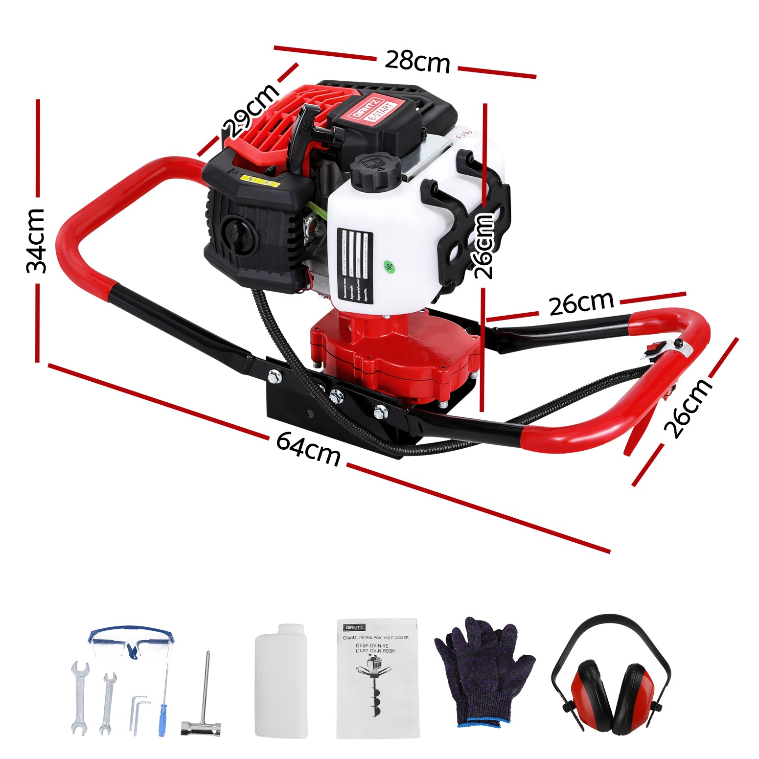 Giantz 65CC Petrol Post Hole Digger Engine Red