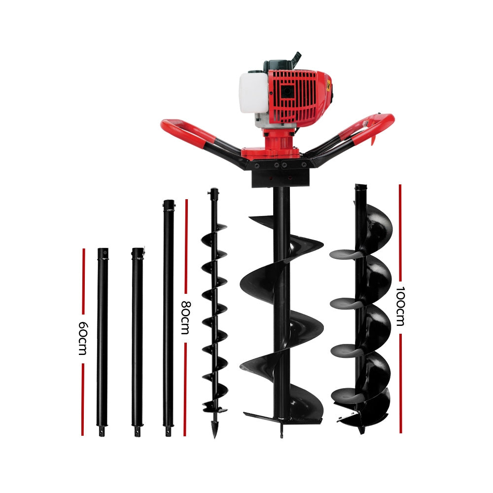 Giantz 66CC Petrol Post Hole Digger Drill with Extension Auger Bits