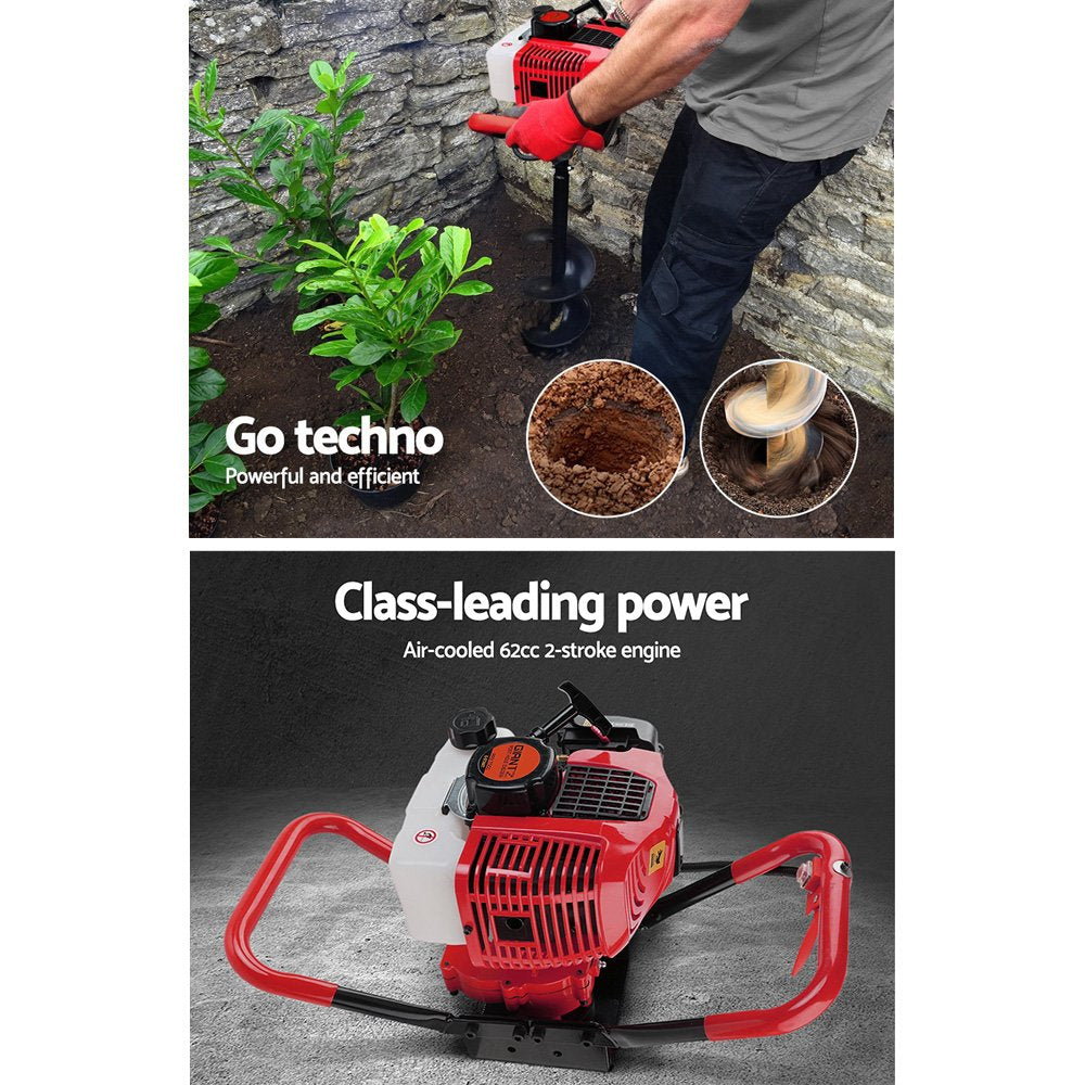 Giantz 66CC Petrol Post Hole Digger Drill with Extension Auger Bits