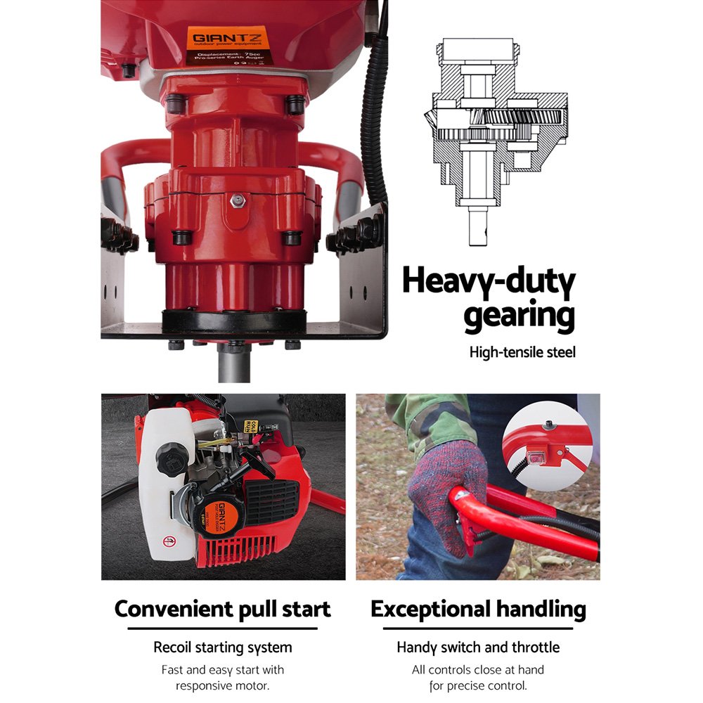 Giantz 66CC Petrol Post Hole Digger Drill with Extension Auger Bits