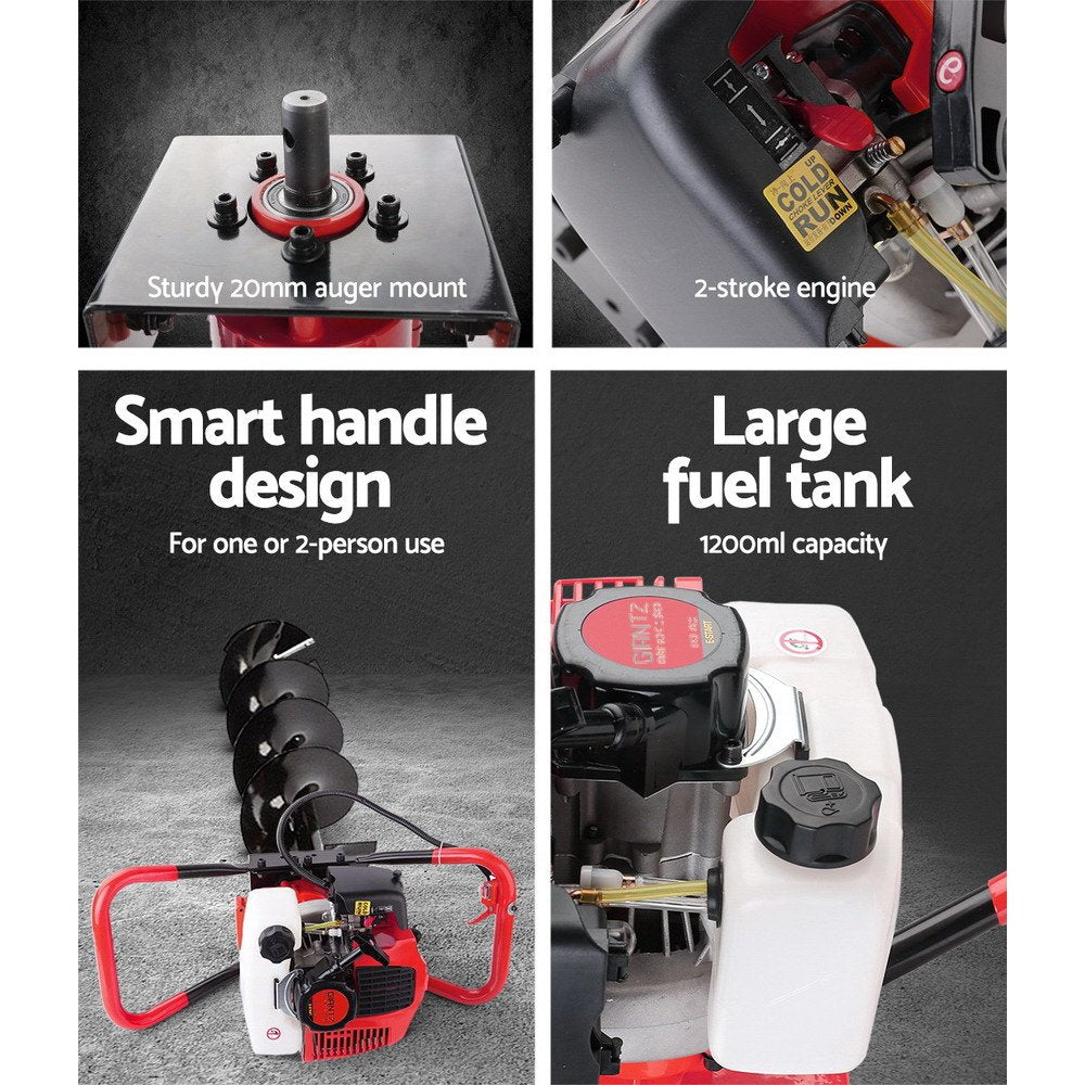 Giantz 66CC Petrol Post Hole Digger Drill with Extension Auger Bits
