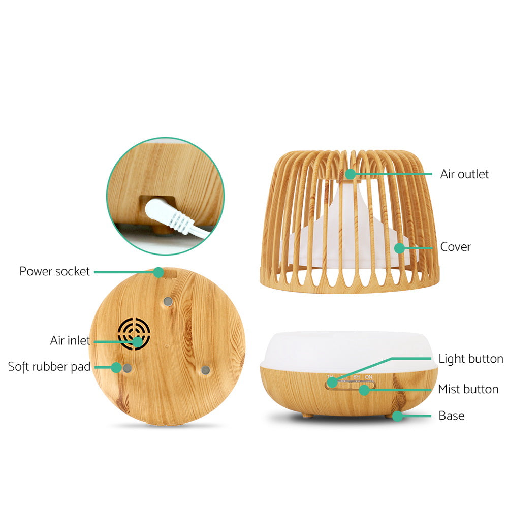 Devanti 500ml Aroma Diffuser Remote Light Wood Grain