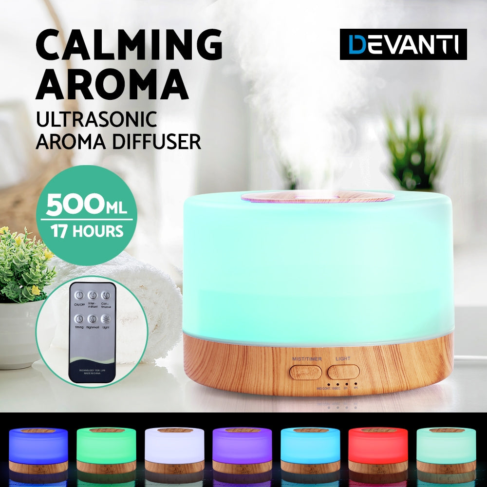 Devanti 500ml Aroma Diffuser Light Wood 7-Colour LED
