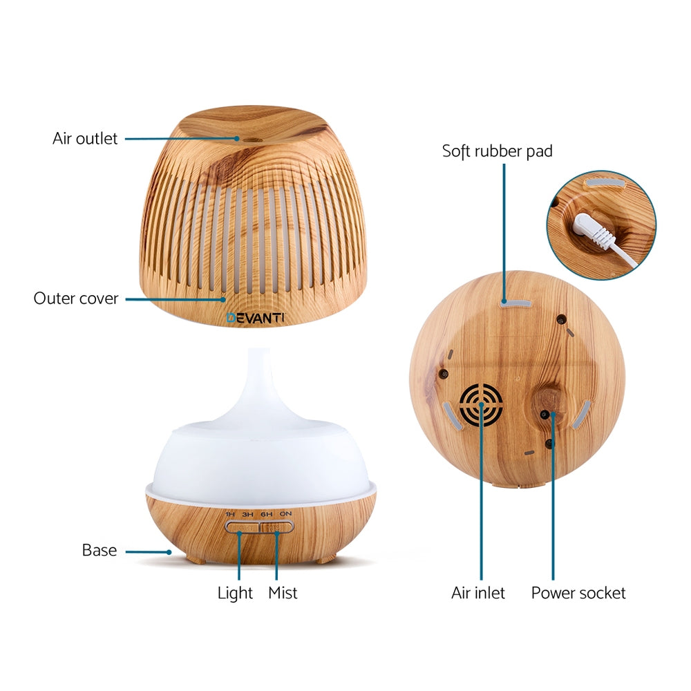 Devanti 400ml Aroma Diffuser Humidifier Light Wood 7-Colour LED