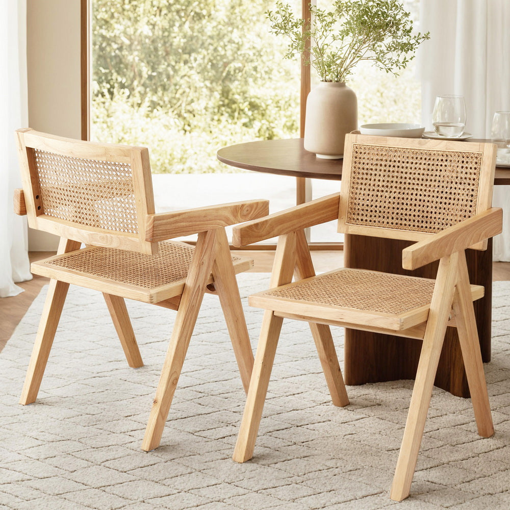 Artiss Dining Chairs Set of 2 Rattan Seat Rubber Wood Frame Natural