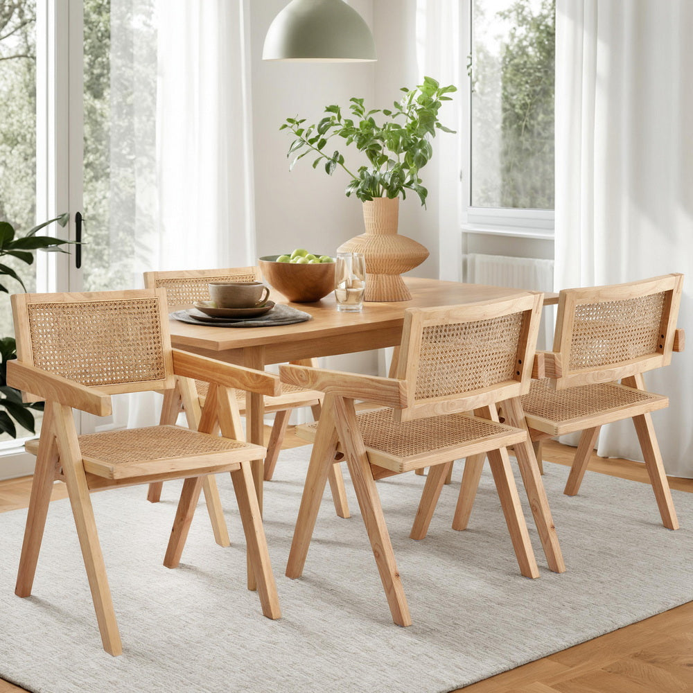 Artiss 4x Dining Chairs Rattan Seat Rubber Wood Frame Natural