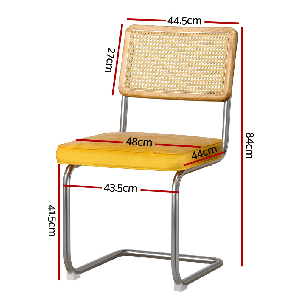 Felix Dining Chairs Set of 2 Velvet Rattan Cantilever Yellow