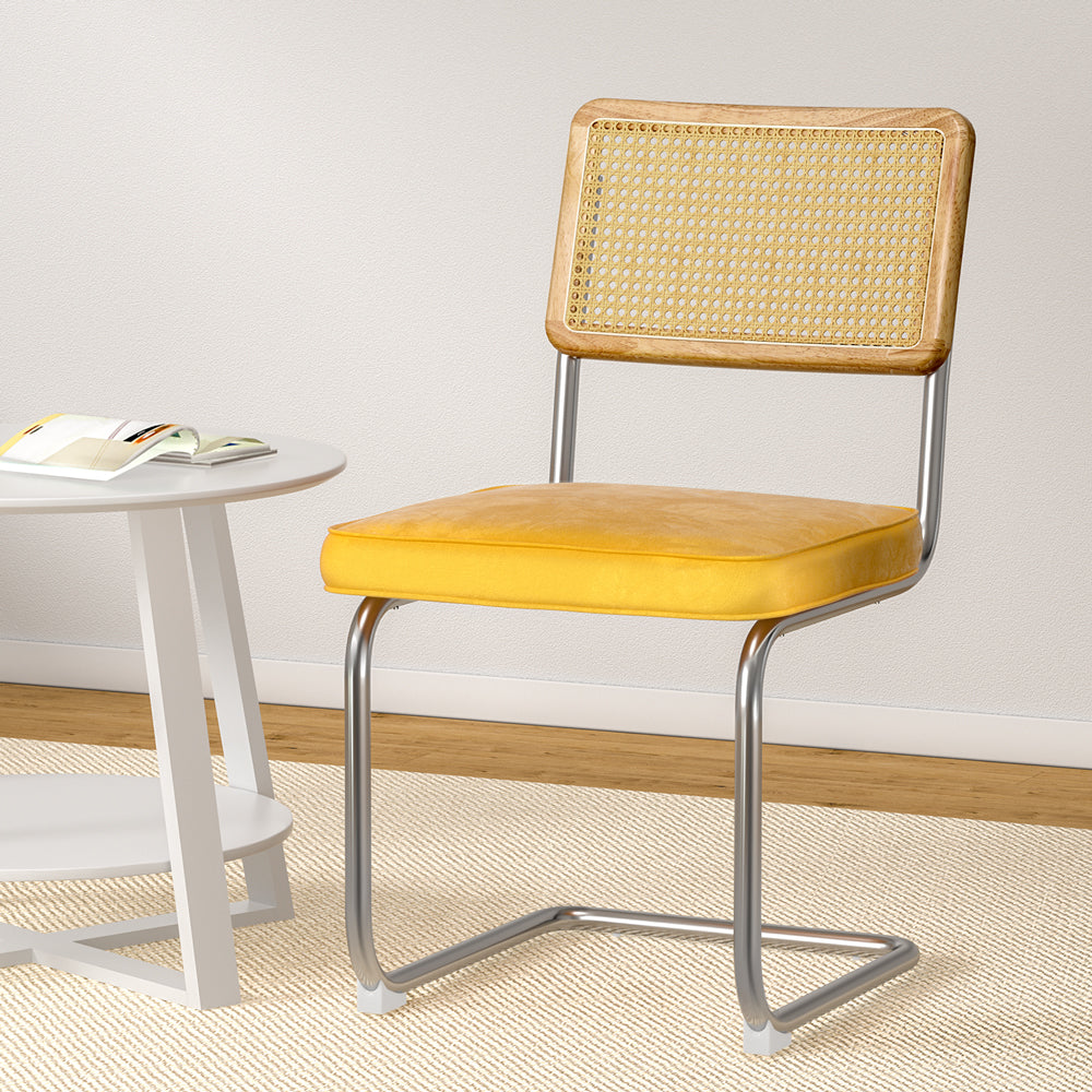 Felix Dining Chairs Set of 2 Velvet Rattan Cantilever Yellow
