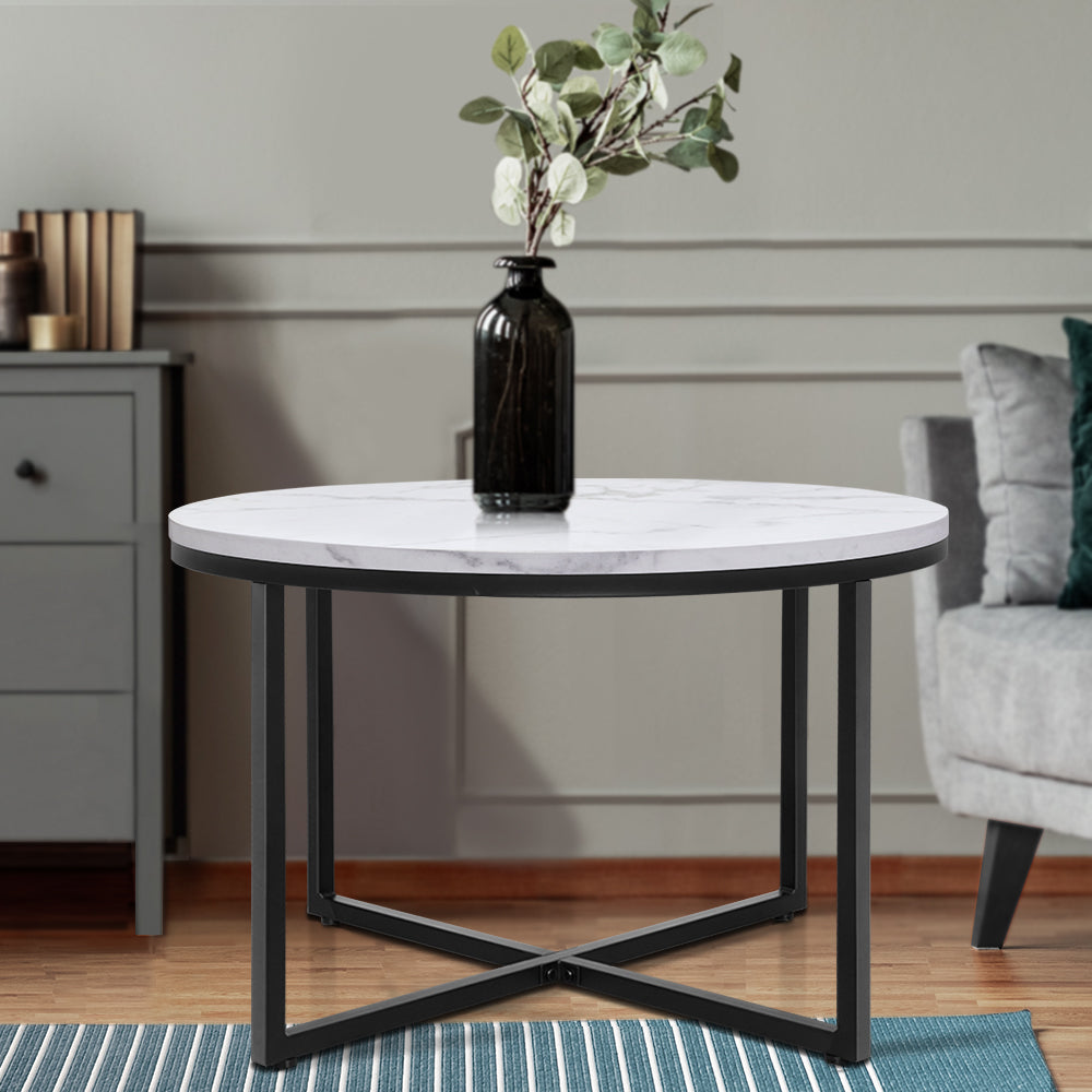 Artiss Round Coffee Table 70cm Marble Effect Tabletop