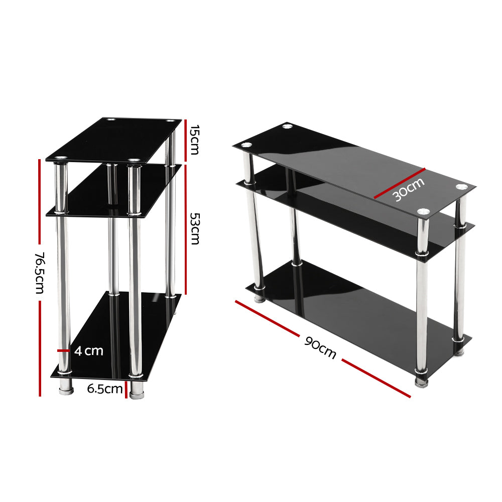 Artiss Black Glass Console Table 3-Tier Stainless Steel