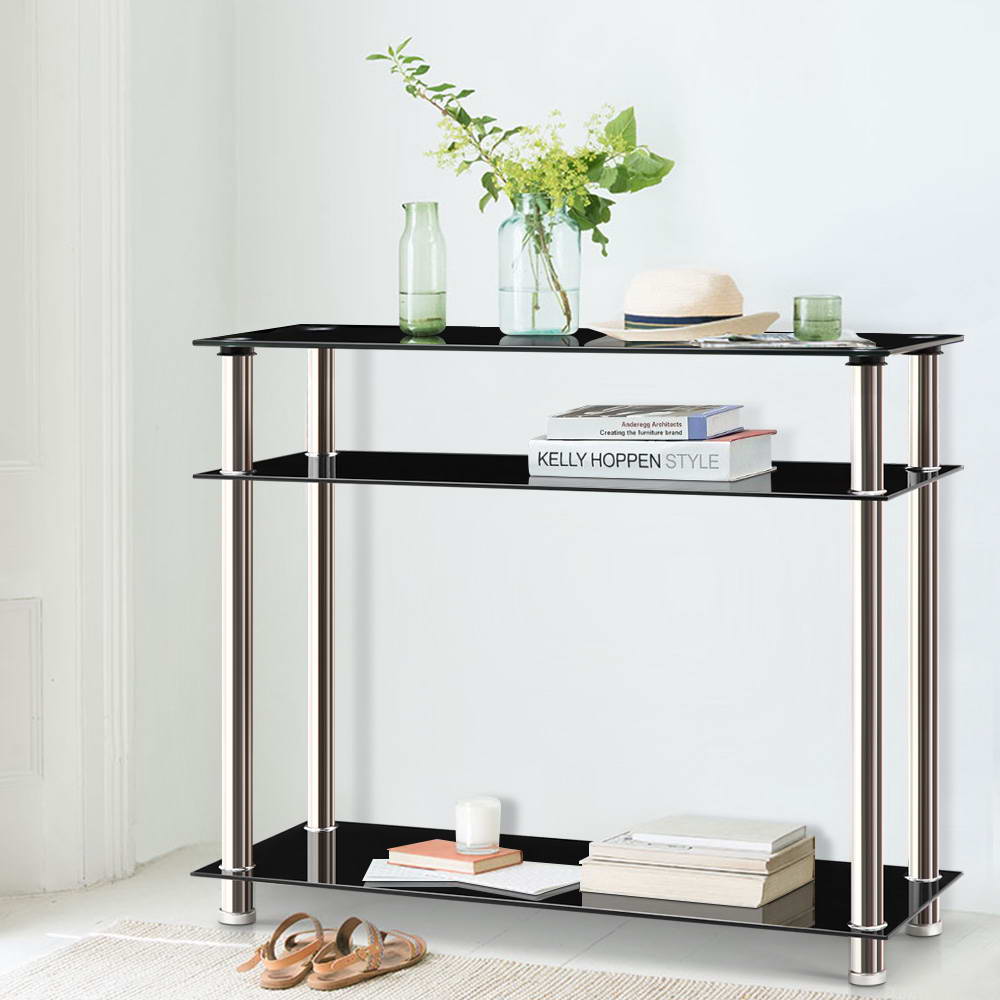 Artiss Black Glass Console Table 3-Tier Stainless Steel