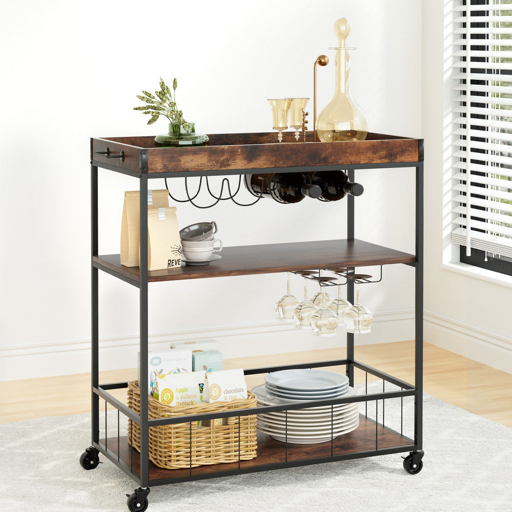 Artiss Oak Kitchen Island Rolling Serving Cart with Wine Storage