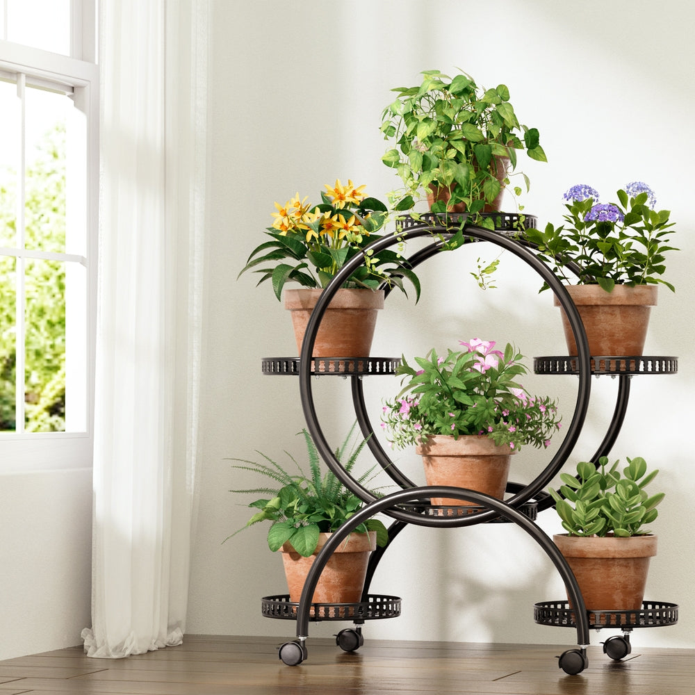 Artiss 6-Tier Metal Plant Stand Black Wheels