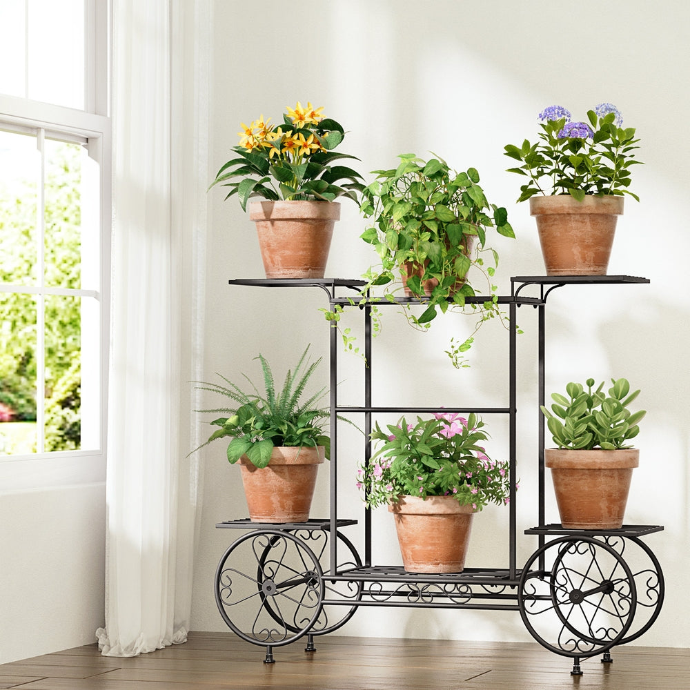 Artiss 6-Tier Iron Plant Stand Black 4-Wheeler