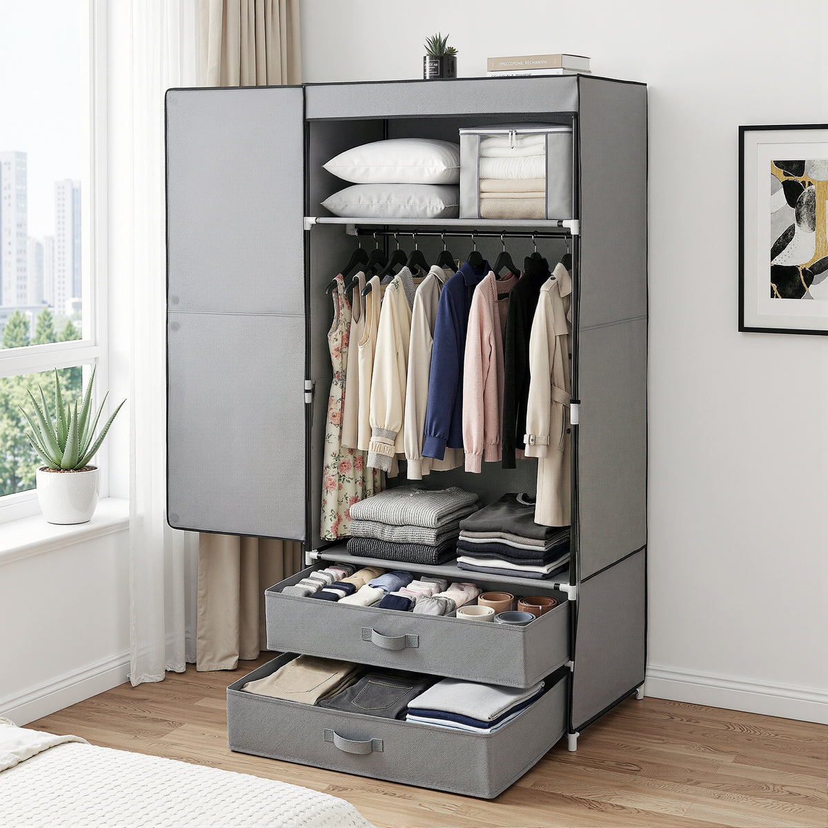 Artiss Large Portable Clothes Wardrobe with Magnetic Door Grey