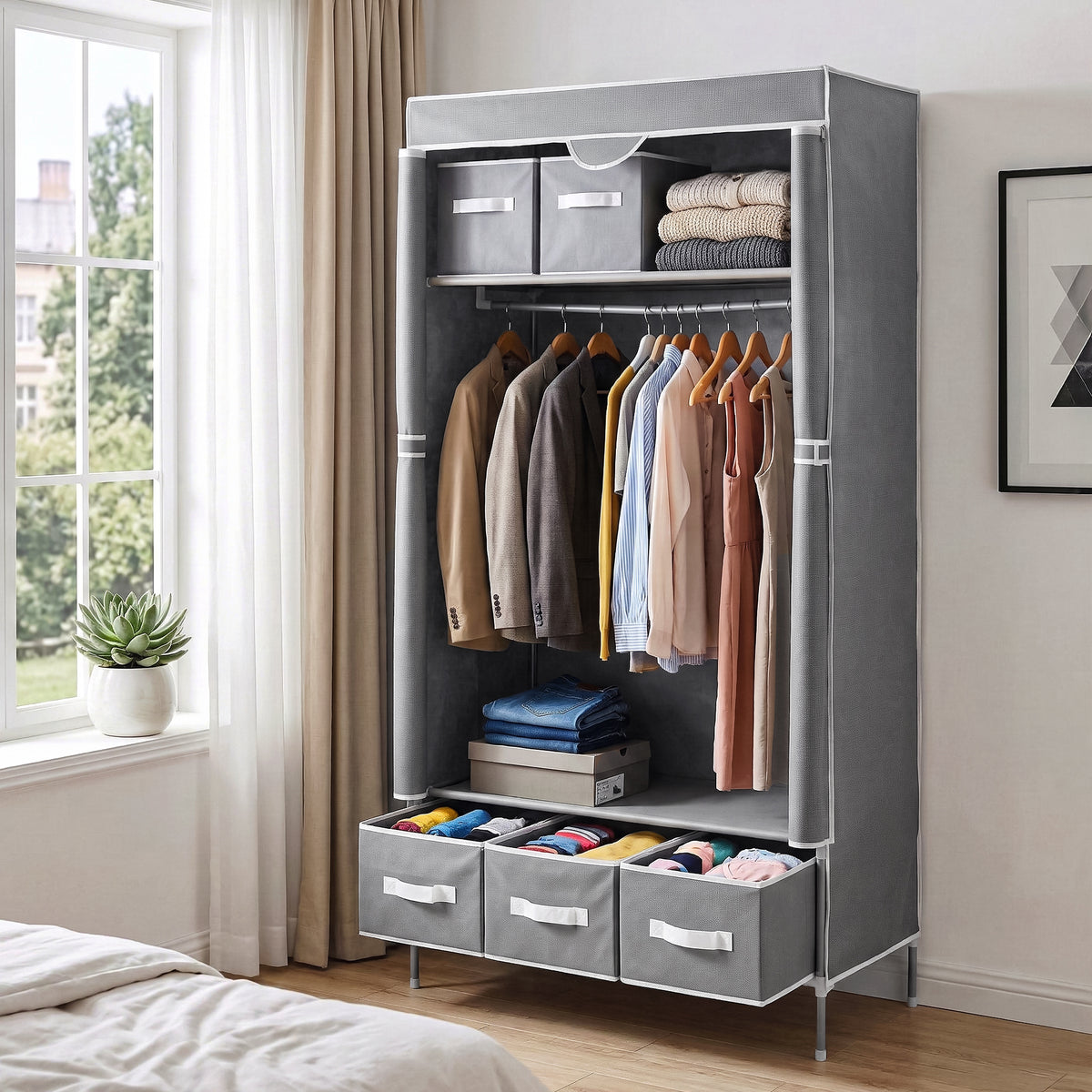 Artiss Large Portable Clothes Wardrobe with Tiebacks Grey