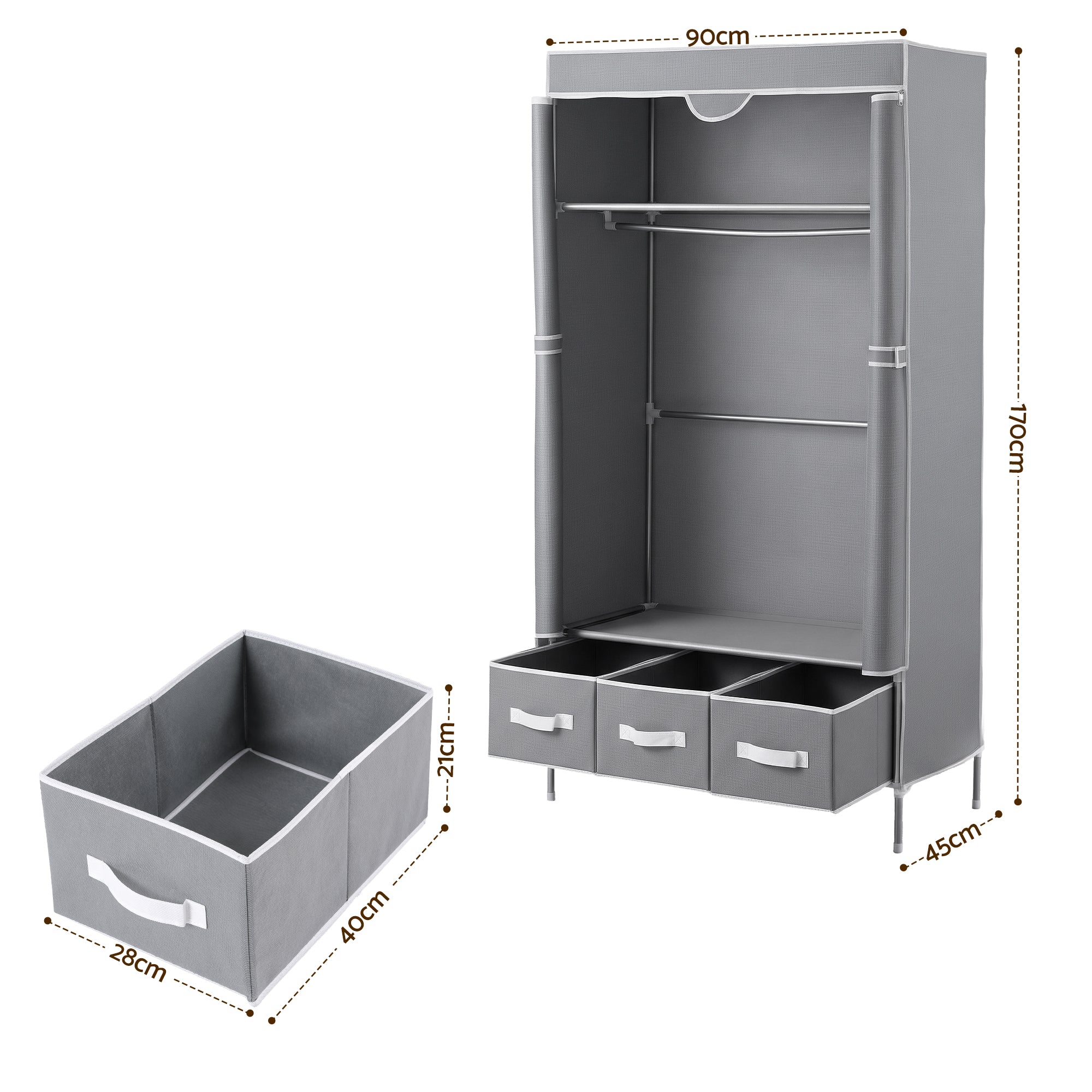 Artiss Large Portable Clothes Closet Wardrobe with Tiebacks Grey