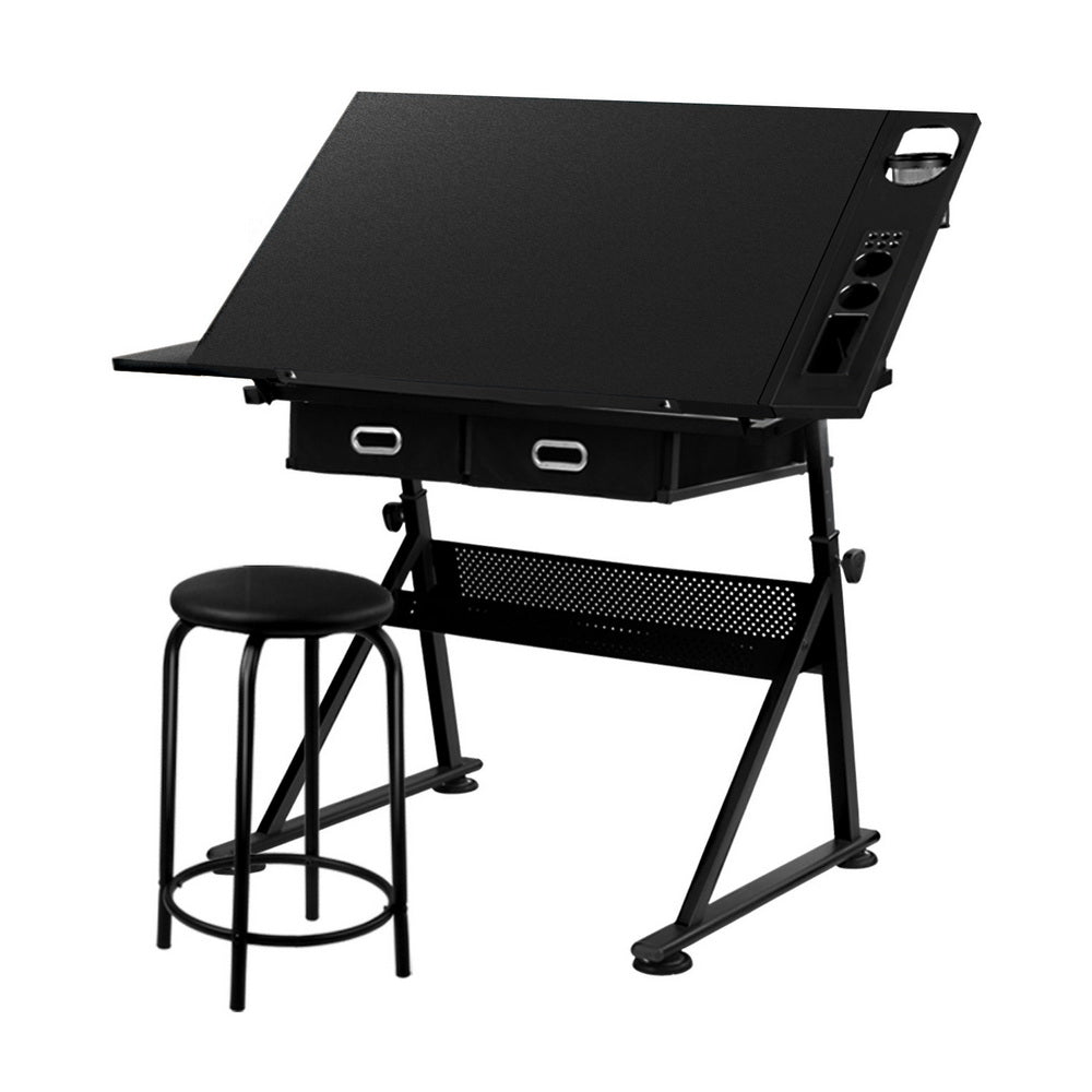 Artiss Adjustable Drafting Table Set Black with Stool and Storage Drawers