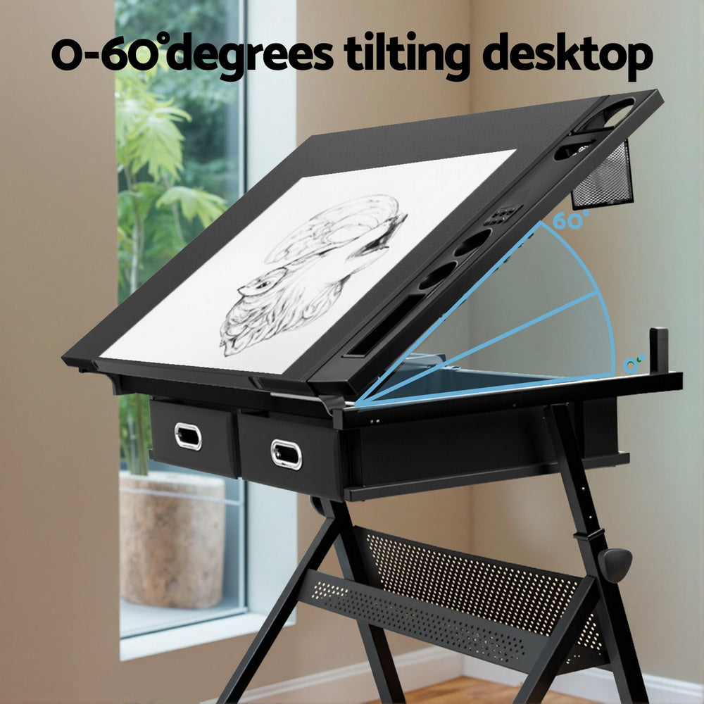 Artiss Adjustable Drafting Table Set Black with Stool and Storage Drawers