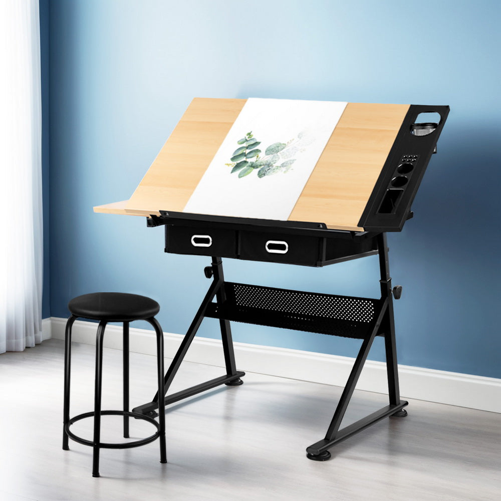 Natural & Black Adjustable Drafting Table Set with Stool